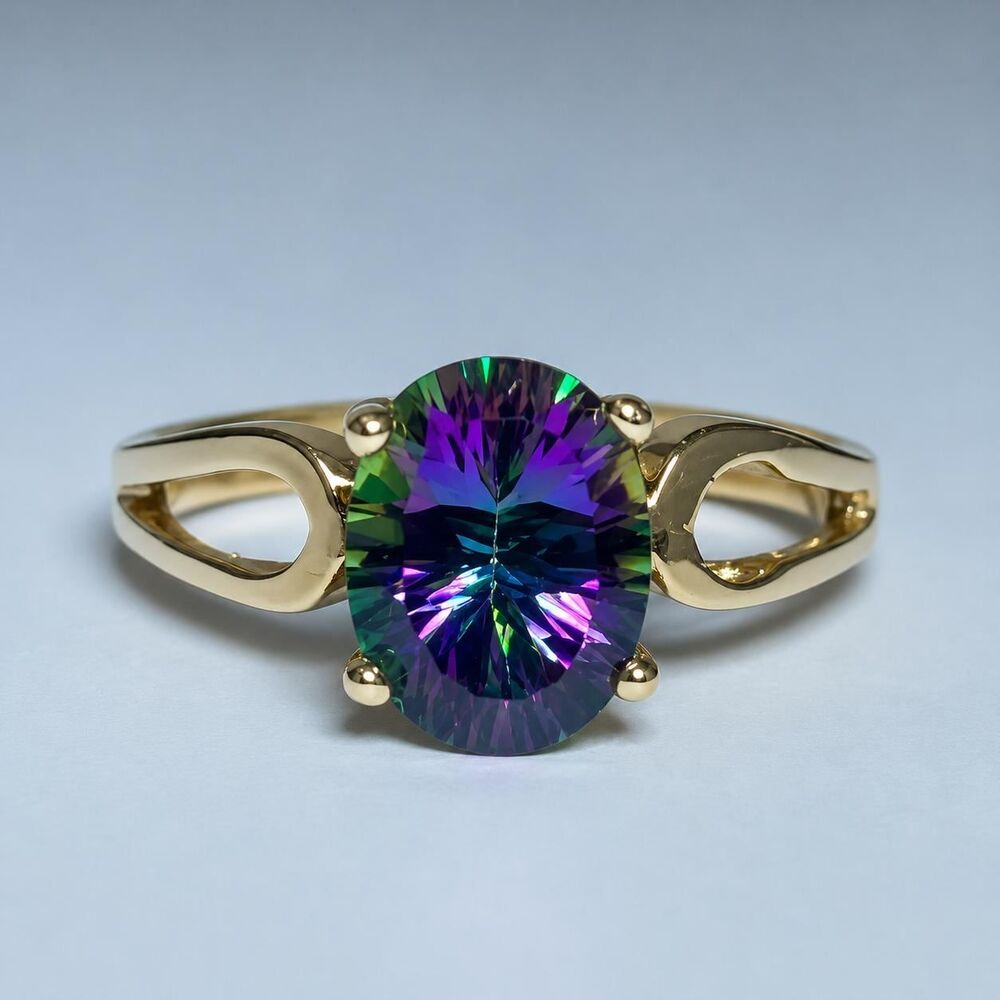 Mystic Topaz Concave 9x7 Oval 2ct 14kt Yellow Gold Ring